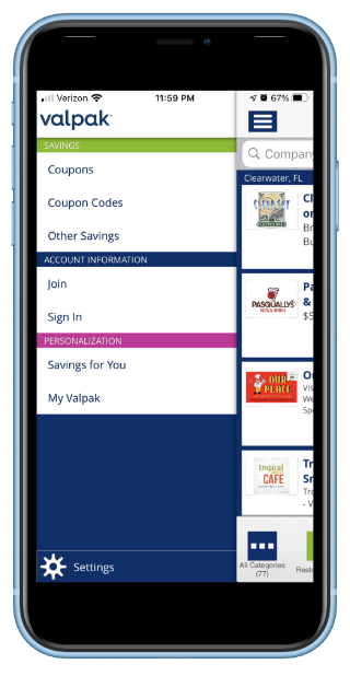 Valpak mobile app on phone